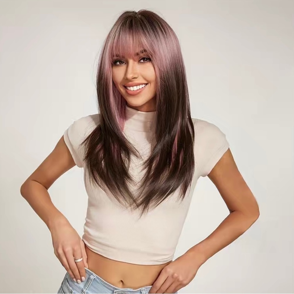 Human hair blend pink brown ombre layered wig - Picture 4 of 6